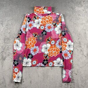 THE KIT Shirt Womens Sz S Pink Pop Floral  Turtleneck Long Sleeve Bamboo Vibrant